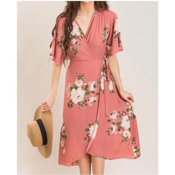 Peppermint Dresses & Skirts - NEW Peppermint Brand Dusty Rose Floral Chiffon Wrap Dress Sz LG Summer Easter